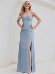 Dusty Blue Chiffon A Line Spaghetti Straps Sleeveless Floor Length Bridesmaid Dress With Slit