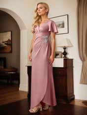 Sheath/Column Satin V Neck Short Sleeves Floor Length Dress
