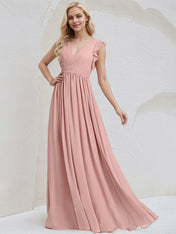 Dusty Rose Chiffon A Line V Neck Sleeveless Floor Length Bridesmaid Dress With Ruffle