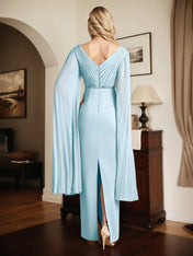 Sheath/Column Chiffon V Neck Long Sleeves Floor Length Dress