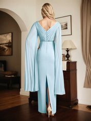 Sheath/Column Chiffon V Neck Long Sleeves Floor Length Dress