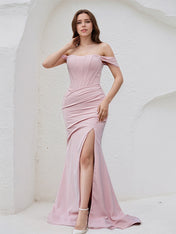 Lavender Blush Chiffon Sheath/Column Off the Shoulder Sleeveless Floor Length Bridesmaid Dress
