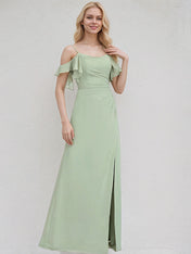 Celadon Chiffon A Line Spaghetti Straps Floor Length Bridesmaid Dress With Ruffle