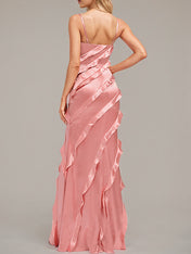 Blush Sheath/Column Spaghetti Straps Floor Length Satin Bridesmaid Dress Ruffle