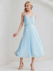Sky Blue A-Line V-Neck Tea-Length Chiffon Cocktail Dress With Pleated
