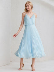 Sky Blue A-Line V-Neck Tea-Length Chiffon Cocktail Dress With Pleated