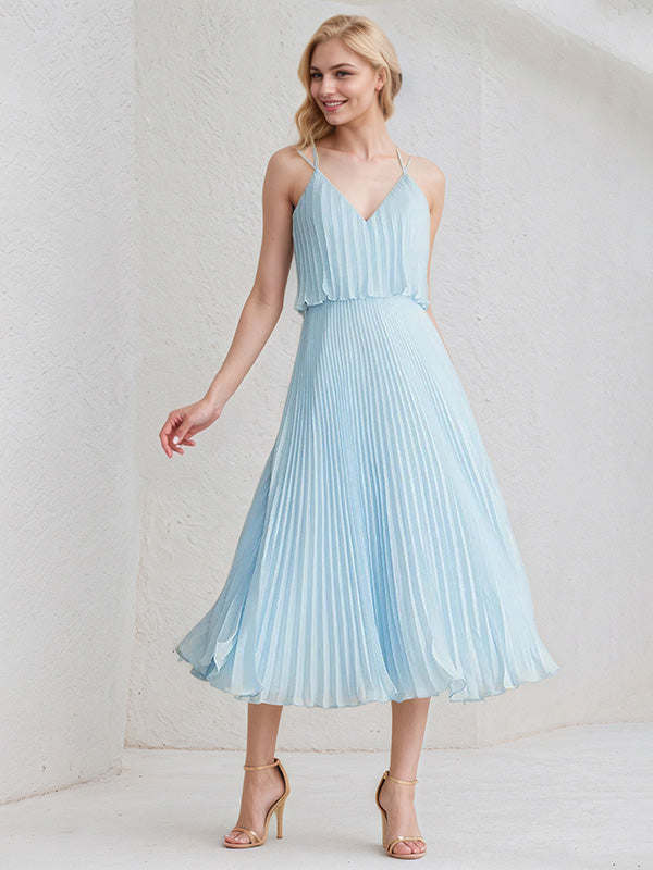 Sky Blue A-Line V-Neck Tea-Length Chiffon Cocktail Dress With Pleated
