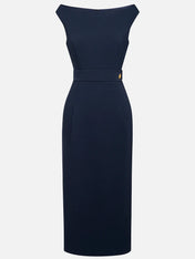 Purplish blue Buckle Classic Off The Shoulder Cap Sleeve Sheath Midi Dress