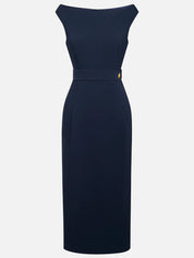 Purplish blue Buckle Classic Off The Shoulder Cap Sleeve Sheath Midi Dress