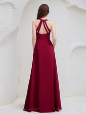 Burgundy A-Line V-Neck Floor-Length Chiffon Bridesmaid Dress