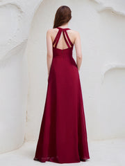 Burgundy A-Line V-Neck Floor-Length Chiffon Bridesmaid Dress