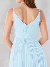 Sky Blue A-Line V Neck Floor-Length Chiffon Bridesmaid Dress