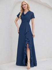Navy Blue Chiffon A Line V Neck Asymmetrical Bridesmaid Dress With Ruffle