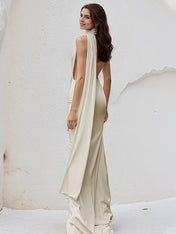 Ivory Satin Trumpet/Mermaid Halter Neck Floor Length Bridesmaid Dress