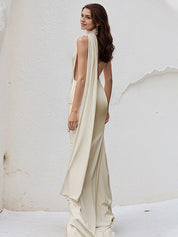 Ivory Satin Trumpet/Mermaid Halter Neck Floor Length Bridesmaid Dress