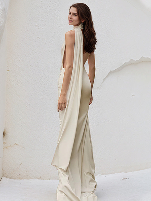 Ivory Satin Trumpet/Mermaid Halter Neck Floor Length Bridesmaid Dress