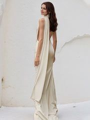 Ivory Satin Trumpet/Mermaid Halter Neck Floor Length Bridesmaid Dress