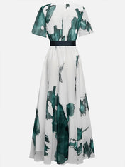 Blue Printing Chiffon V Neck Short Sleeve A-Line Maxi Dress