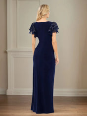 Sheath/Column Stretch Crepe V Neck Short Sleeve Floor Length Dress With Ruffles