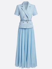 Women Light Blue Tweed Pleated Buckle Lapel Collar Short Sleeve Dressy Top With Skirt Two-Piece Set
