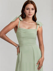 Celadon Chiffon A Line Off the Shoulder Sleeveless Floor Length Bridesmaid Dress
