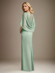 Mist Blue A Line Satin Boat Neck Cape Sleeves Floor Length Dress With High Slit