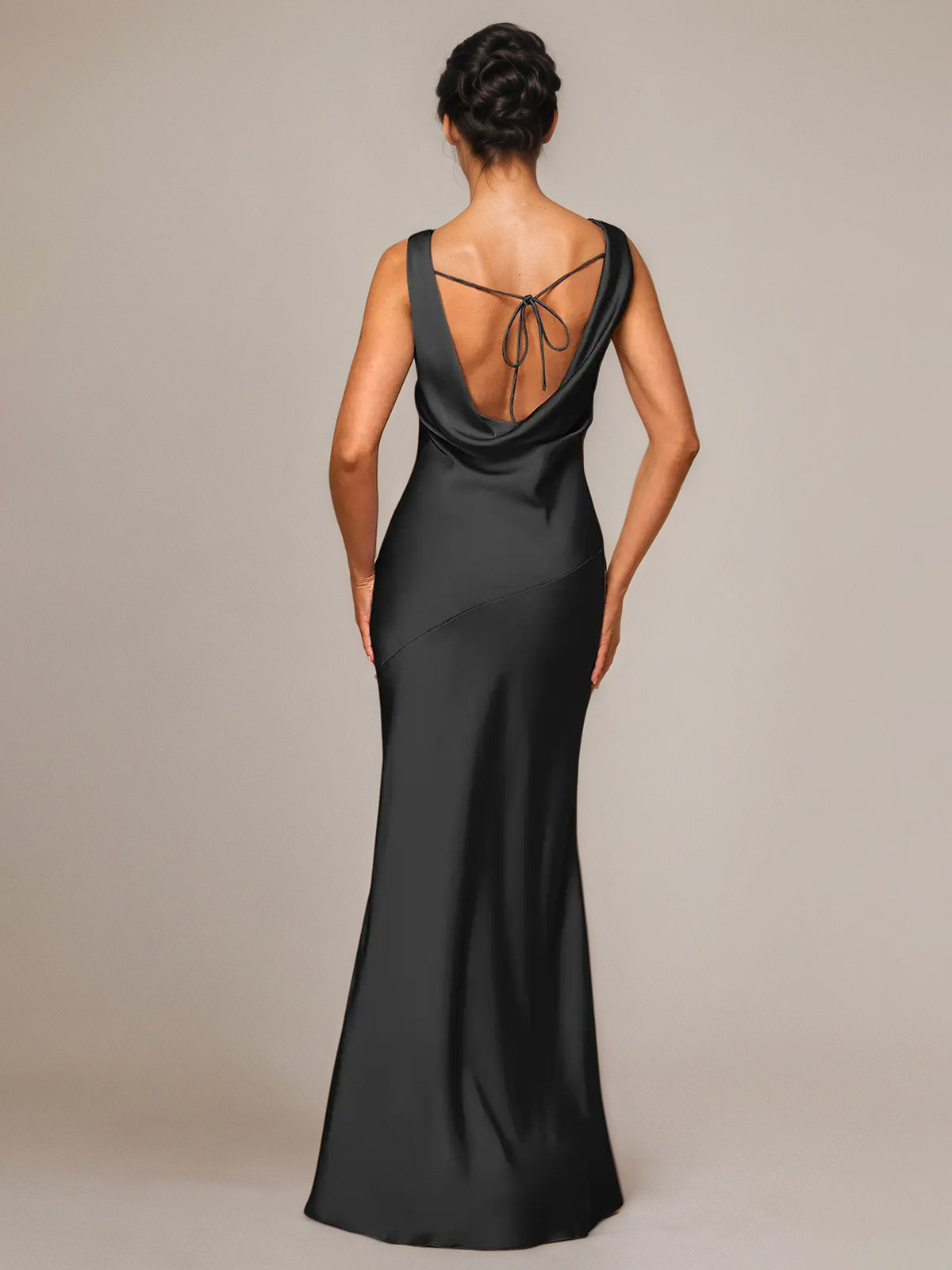 Black Satin Sheath/Column Cowl Neckline Sleeveless Floor-Length Bridesmaid Dress