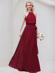 Burgundy A-Line Scoop Floor-Length Chiffon Bridesmaid Dress With Bow