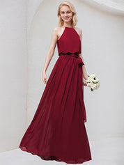 Burgundy A-Line Scoop Floor-Length Chiffon Bridesmaid Dress With Bow