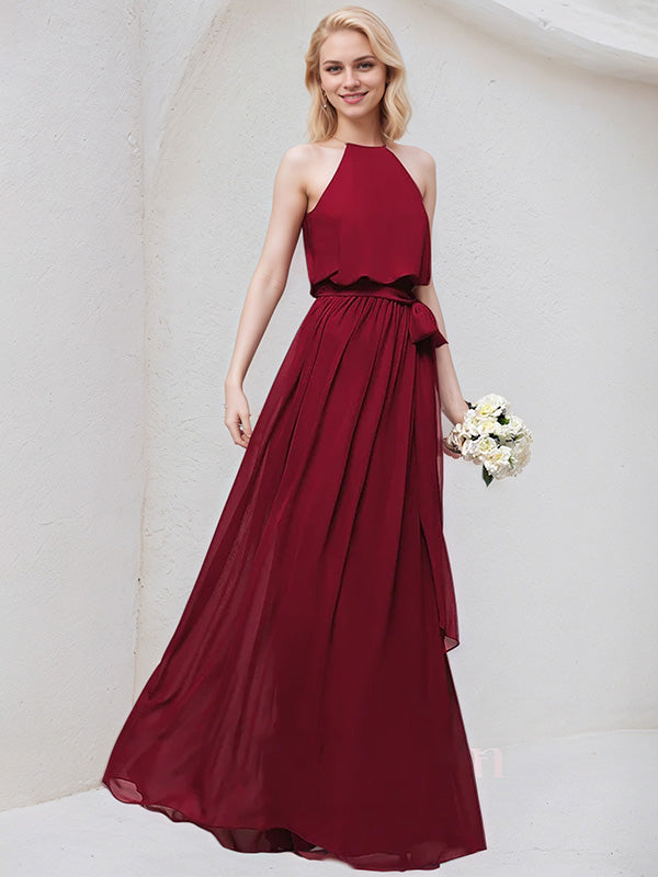 Burgundy A-Line Scoop Floor-Length Chiffon Bridesmaid Dress With Bow