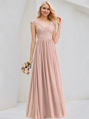 Dusty Rose A-Line V-Neck Floor-Length Lace Chiffon Bridesmaid Dress