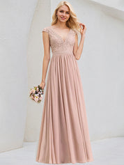 Dusty Rose A-Line V-Neck Floor-Length Lace Chiffon Bridesmaid Dress