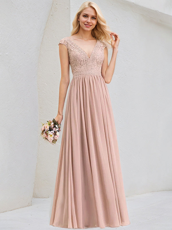 Dusty Rose A-Line V-Neck Floor-Length Lace Chiffon Bridesmaid Dress
