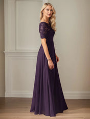 A Line Chiffon Scoop Neck Short Sleeves Floor Length Dress