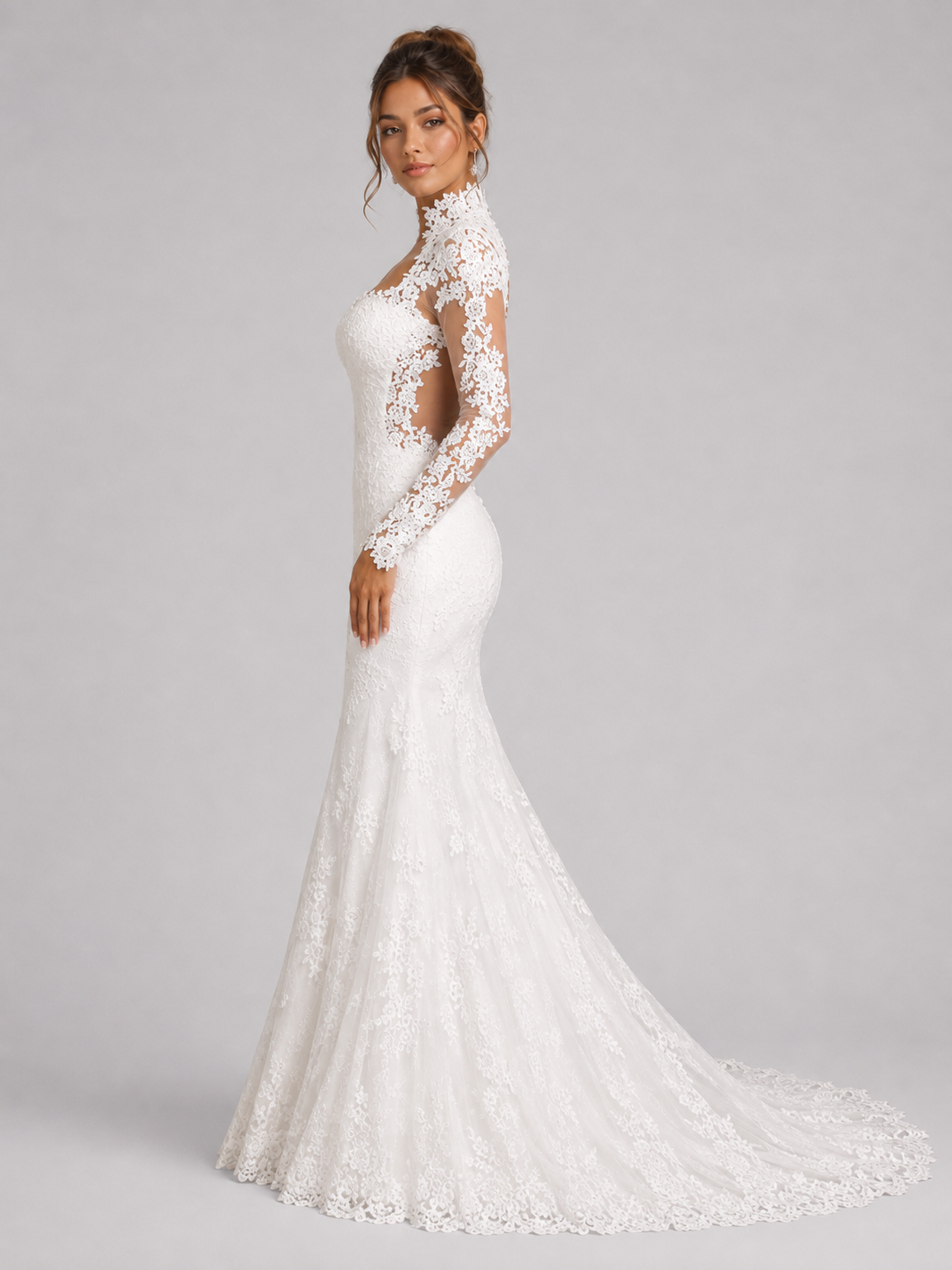 Elegant High Neck Long Sleeve Lace Mermaid Wedding Dress with Chapel Train