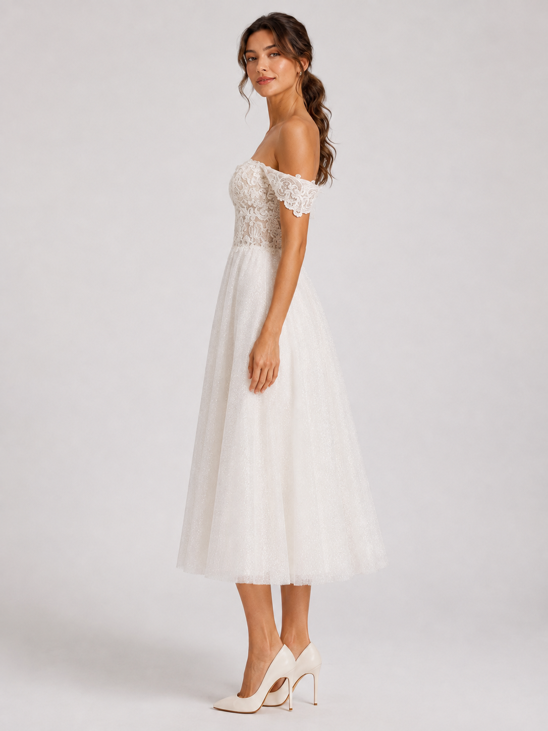Elegant Off-the-Shelf Lace Bodice Glitter Tulle Midi Wedding Dress with Lace-Up Back