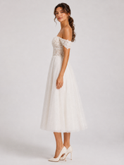 Elegant Off-the-Shelf Lace Bodice Glitter Tulle Midi Wedding Dress with Lace-Up Back