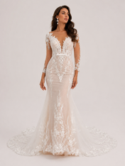 Elegant Long-Sleeve Deep V-Neck Lace Mermaid Wedding Dress with Chapel Train