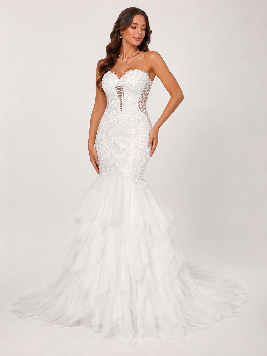 Elegant Strapless Sweetheart Lace Mermaid Wedding Dress with Tiered Tulle Skirt and Chapel Train