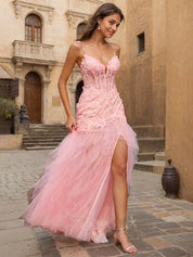 Pink Sheath V-Neck Corset Tiered Long Prom Dress With Beading Slit