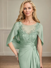Sheath/Column Satin Scoop Neck Cap Sleeves Floor Length Mother Of The Bride Dresses