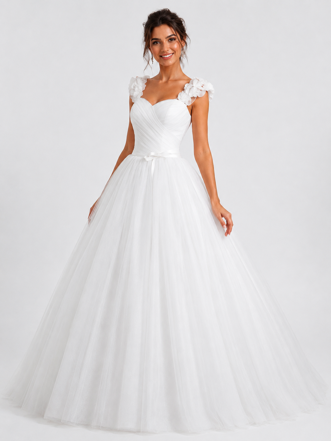 Elegant Ruched Tulle A-Line Wedding Dress with Ruffled Floral Straps and Chapel Train