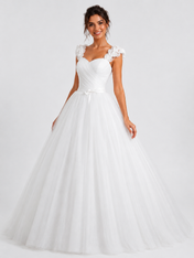 Elegant Ruched Tulle A-Line Wedding Dress with Ruffled Floral Straps and Chapel Train