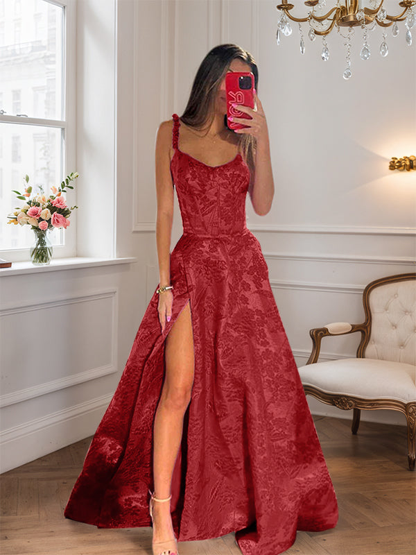 Hot Pink A Line Floral Long Prom Dress with High Slit