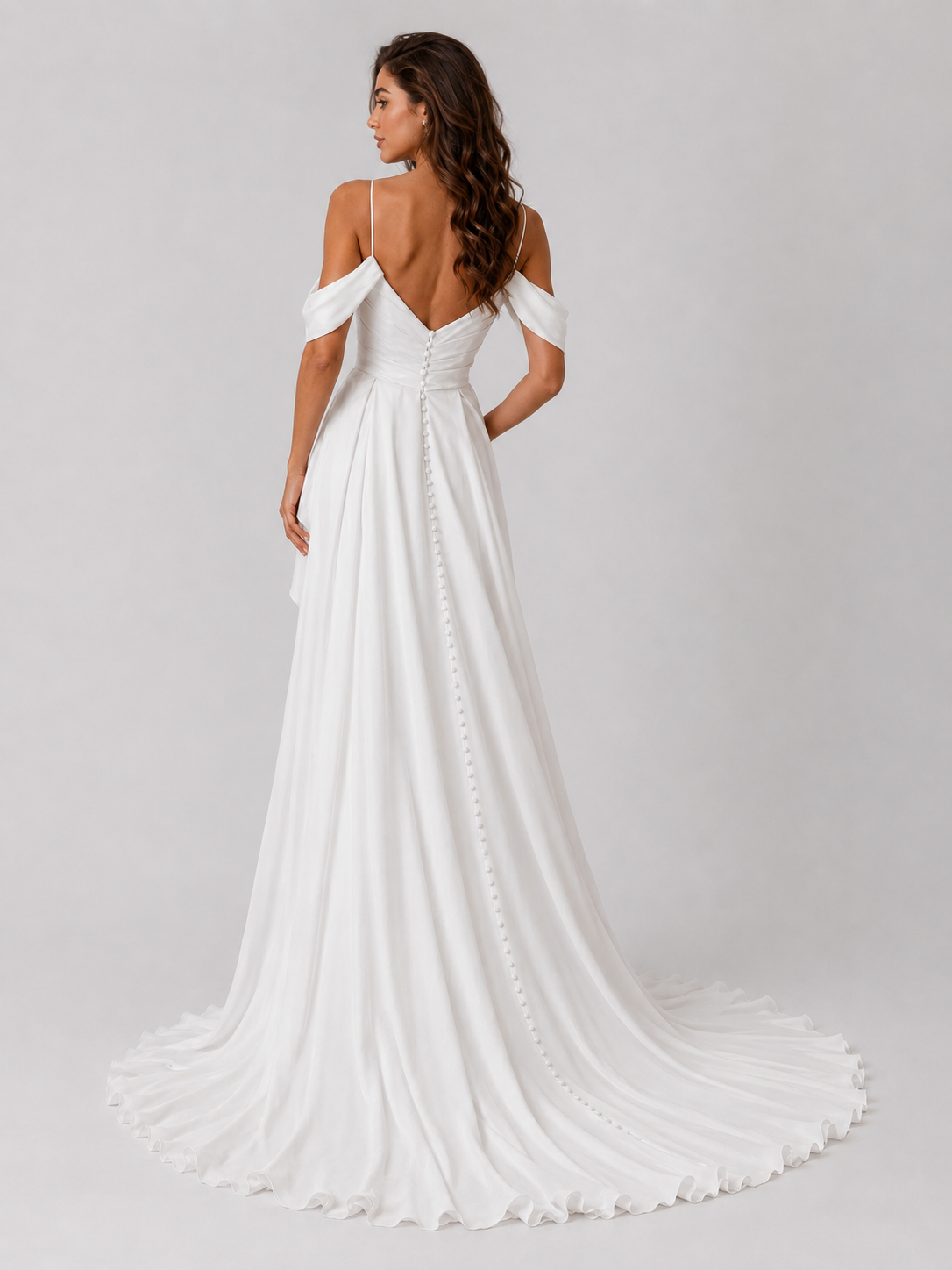 Elegant Off-the-Shoulder Ruched Satin A-Line Wedding Dress with High Slit and Chapel Train
