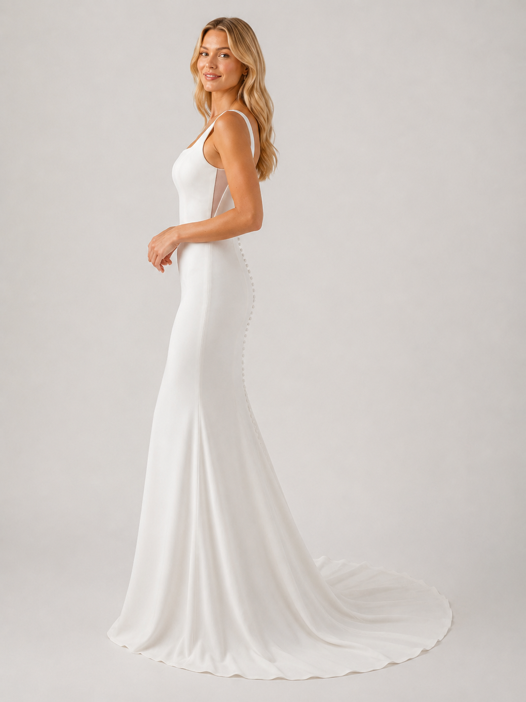 Elegant Square Neck Satin Mermaid Wedding Dress with Sweep Train
