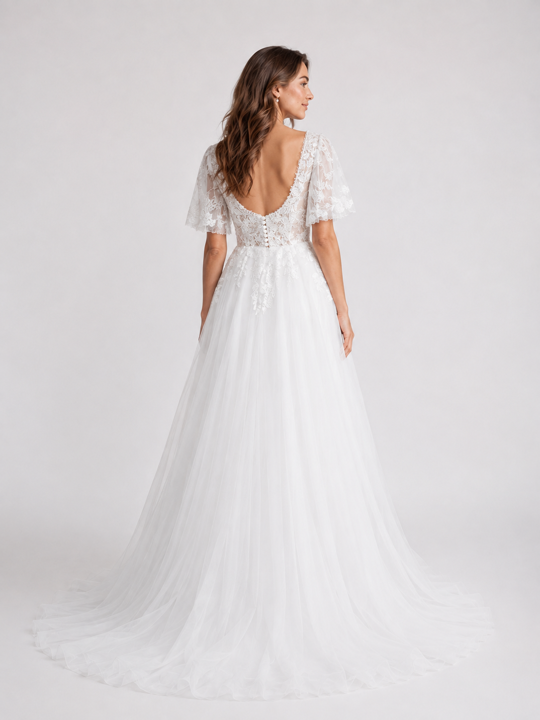 Elegant V-Neck Flutter Sleeve Lace Tulle A-Line Wedding Dress with Chapel Train