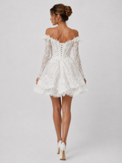 Elegant Off-the-Shoulder Lace Corset Mini Wedding Dress with Long Sleeves and Lace-Up Back