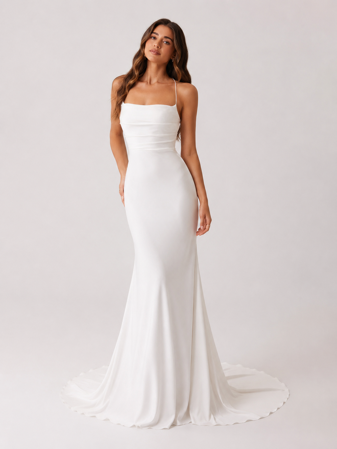 Elegant Square Neck Ruched Satin Sheath Wedding Dress with Crisscross Back and Sweep Train