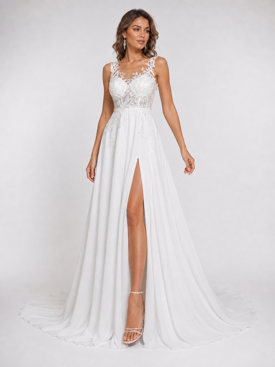 Elegant Illusion Round Neck Lace Applique Chiffon A-Line Wedding Dress with High Slit and Chapel Train